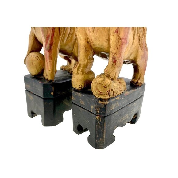 Foo Dog Figurine Pair Fu Lion Carved Wood Gold Gilt Asian Antique Oriental Decor - Picture 5 of 10